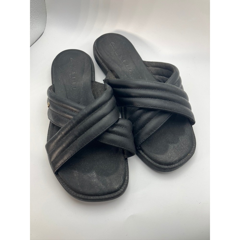 Reef Loft Lux X Black Leather Quilted‎ Crisscross Slide Sandals Womens Size 7